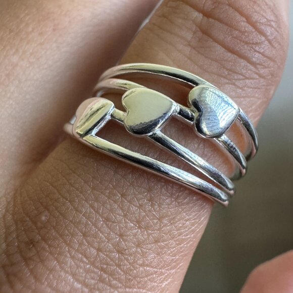 Sterling Silver 925 Triple Band Ring with Three Hearts - Picture 2 of 6